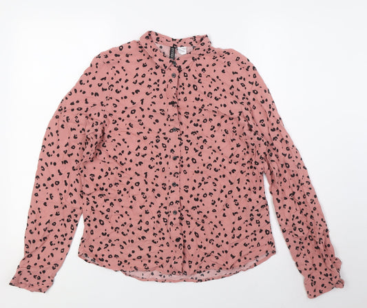 Divided by H&M Womens Pink Animal Print Viscose Basic Button-Up Size 4 Collared
