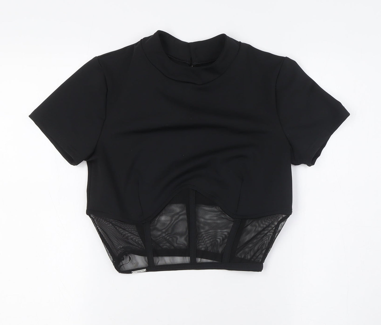 Paradise Chick Womens Black Polyester Basic Blouse Size S Round Neck - Sheer Waist