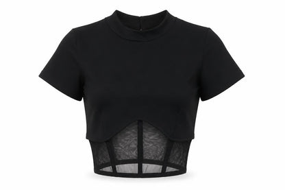 Paradise Chick Womens Black Polyester Basic Blouse Size S Round Neck - Sheer Waist