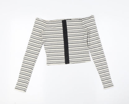 Topshop Womens Ivory Striped Cotton Basic Button-Up Size 8 Off the Shoulder