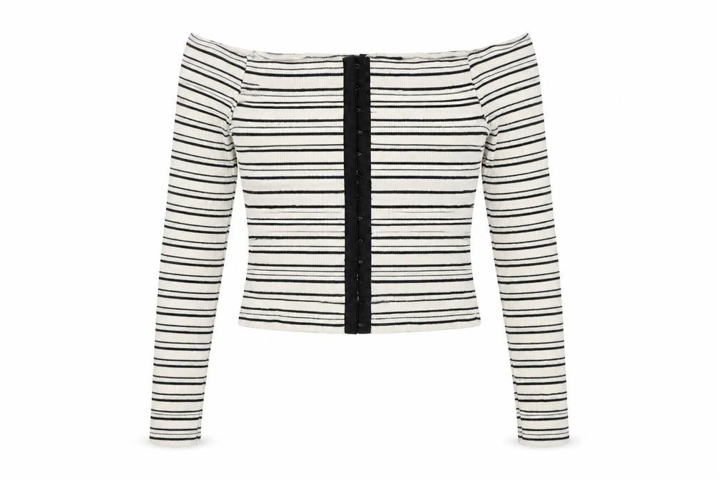 Topshop Womens Ivory Striped Cotton Basic Button-Up Size 8 Off the Shoulder