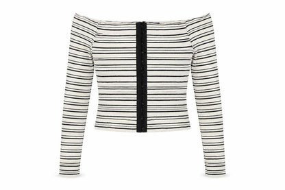 Topshop Womens Ivory Striped Cotton Basic Button-Up Size 8 Off the Shoulder