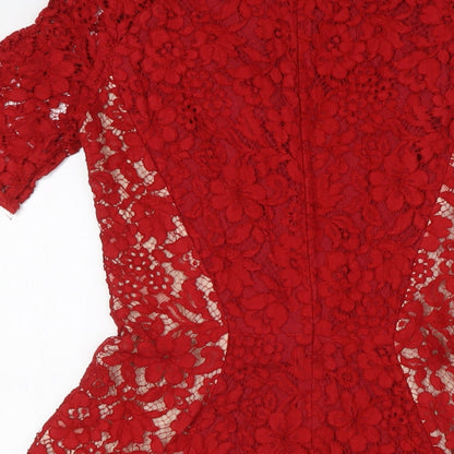 Joseph Womens Red Viscose A-Line Size 12 Round Neck Zip - Lace Overlay