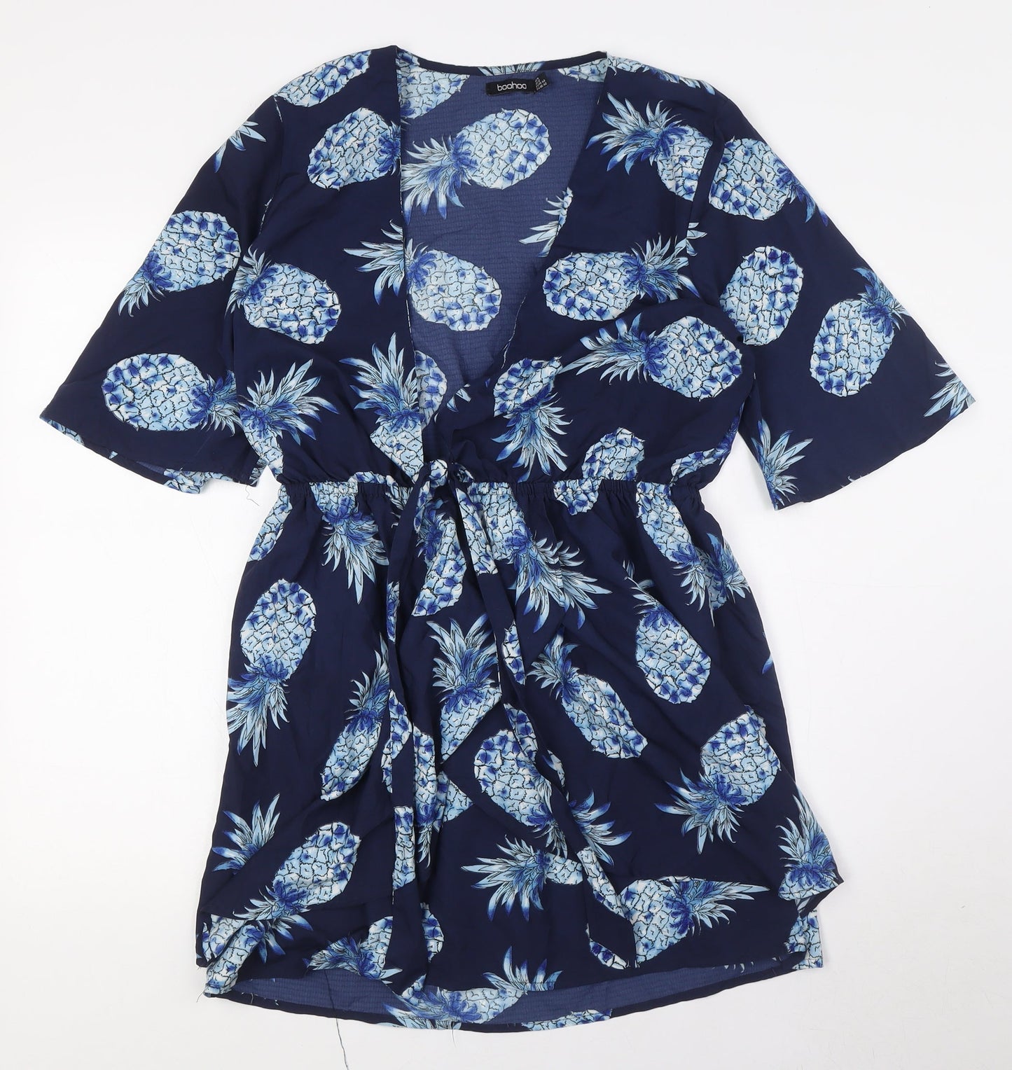 Boohoo Womens Blue Polyester A-Line Size 16 V-Neck - Pinapples