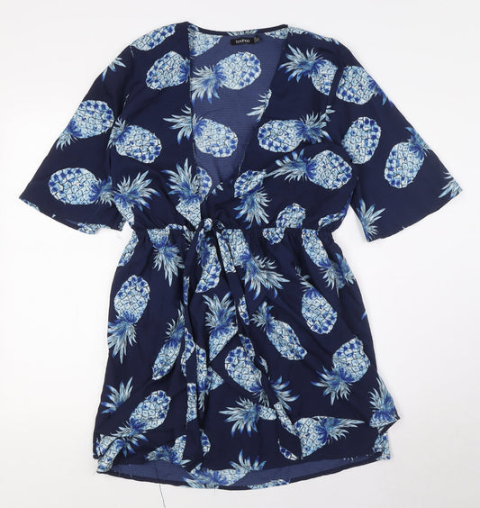 Boohoo Womens Blue Polyester A-Line Size 16 V-Neck - Pinapples