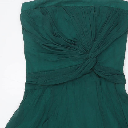 Warehouse Womens Green Silk A-Line Size 8 Off the Shoulder Zip - Knot Front Detail