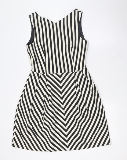 Zara Womens Black Striped Polyester A-Line Size M V-Neck Zip