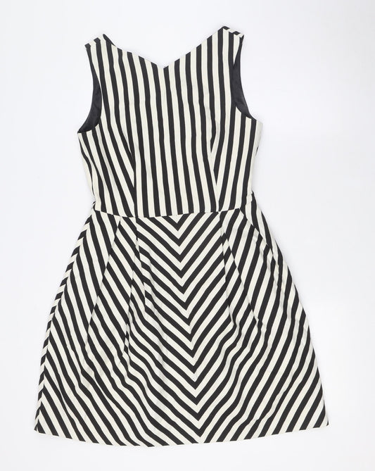 Zara Womens Black Striped Polyester A-Line Size M V-Neck Zip
