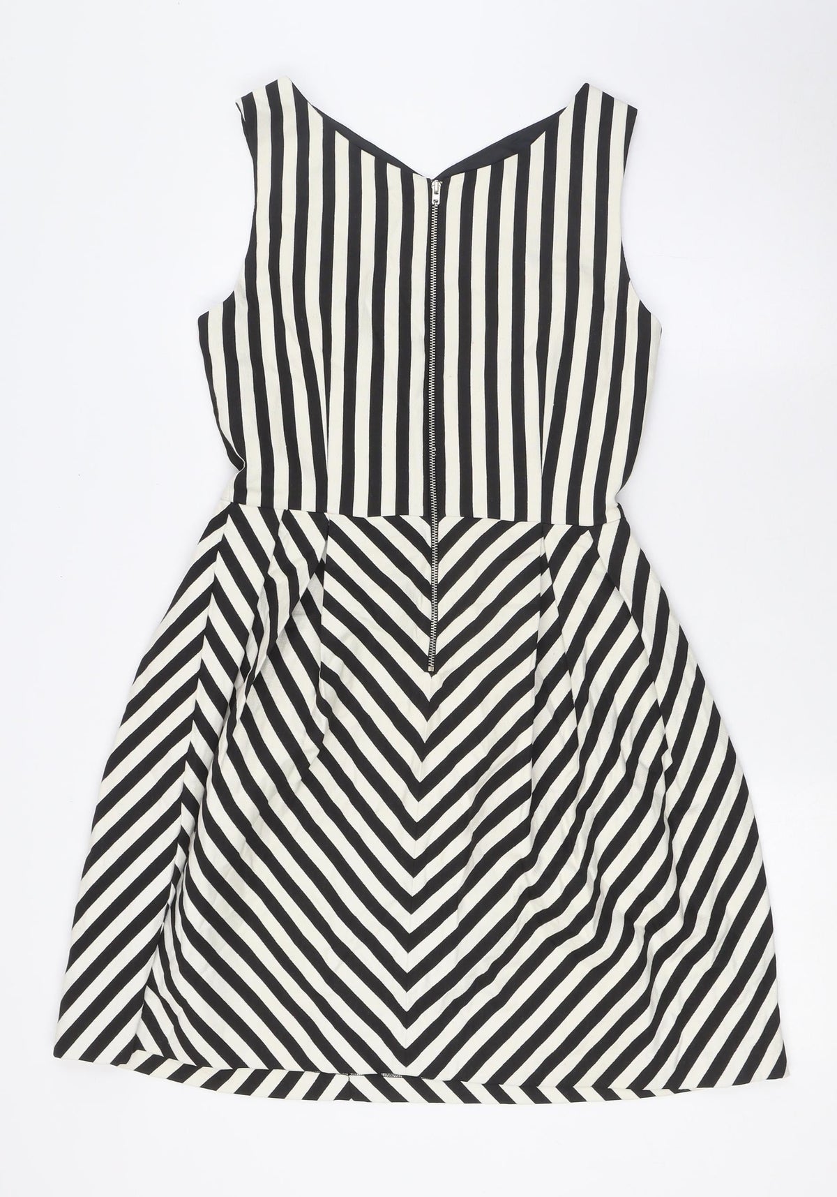 Zara Womens Black Striped Polyester A-Line Size M V-Neck Zip