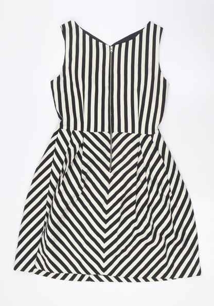 Zara Womens Black Striped Polyester A-Line Size M V-Neck Zip