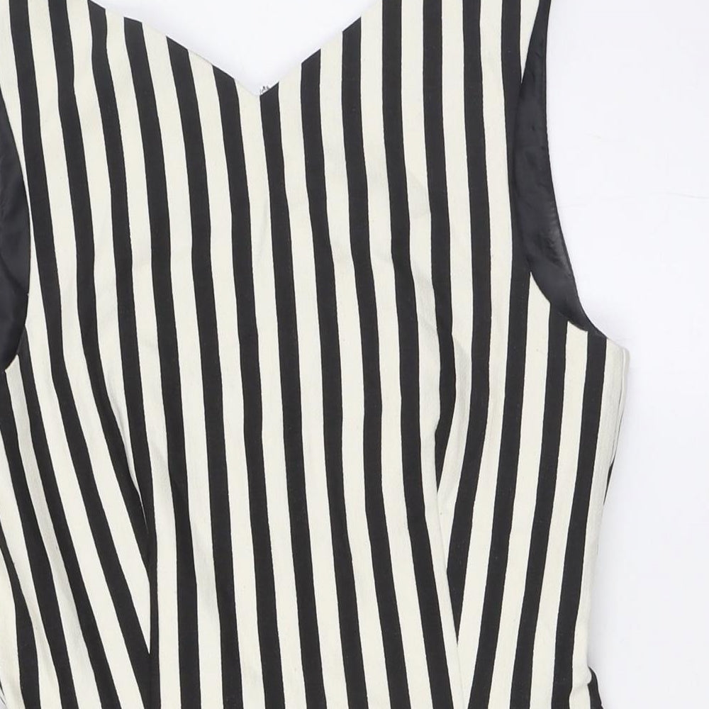 Zara Womens Black Striped Polyester A-Line Size M V-Neck Zip