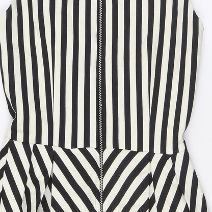 Zara Womens Black Striped Polyester A-Line Size M V-Neck Zip
