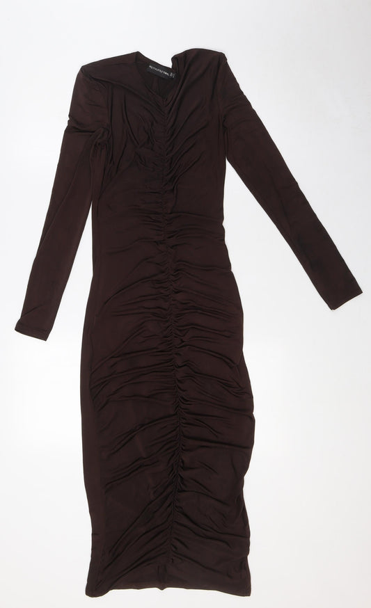 PRETTYLITTLETHING Womens Brown Polyester Bodycon Size 10 V-Neck