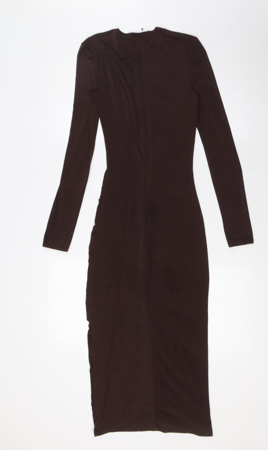 PRETTYLITTLETHING Womens Brown Polyester Bodycon Size 10 V-Neck