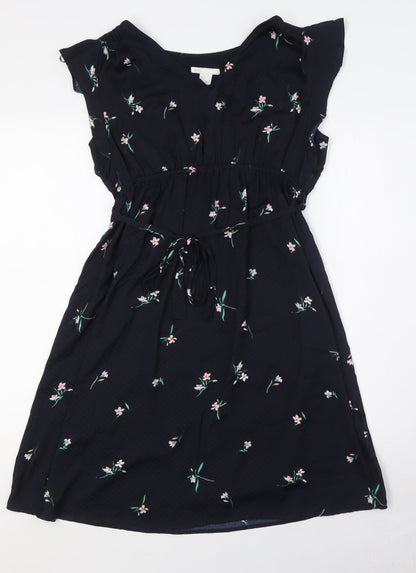 H&M Womens Blue Floral Polyester A-Line Size S V-Neck - Belted