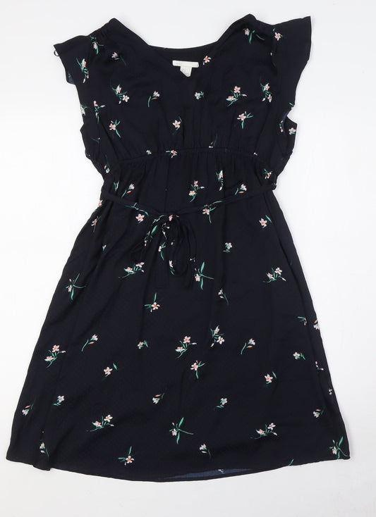 H&M Womens Blue Floral Polyester A-Line Size S V-Neck - Belted