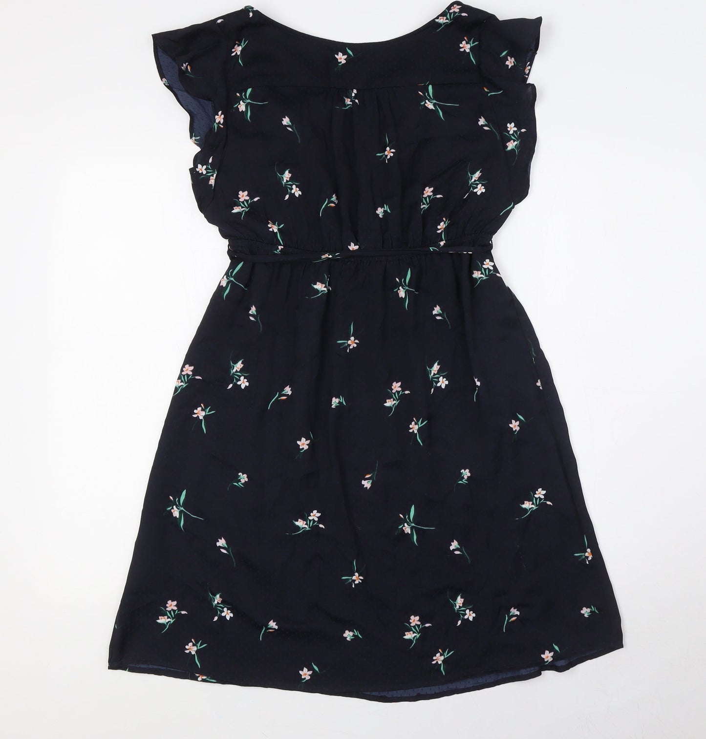 H&M Womens Blue Floral Polyester A-Line Size S V-Neck - Belted