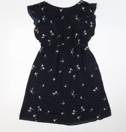 H&M Womens Blue Floral Polyester A-Line Size S V-Neck - Belted