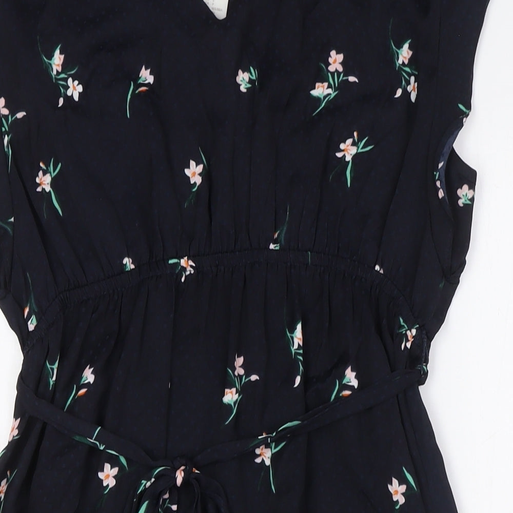 H&M Womens Blue Floral Polyester A-Line Size S V-Neck - Belted