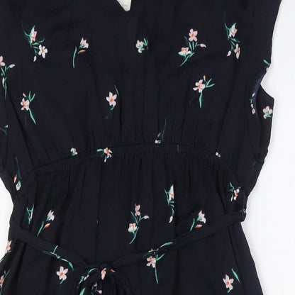 H&M Womens Blue Floral Polyester A-Line Size S V-Neck - Belted