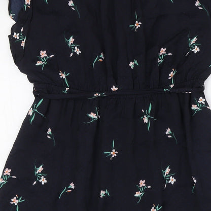 H&M Womens Blue Floral Polyester A-Line Size S V-Neck - Belted