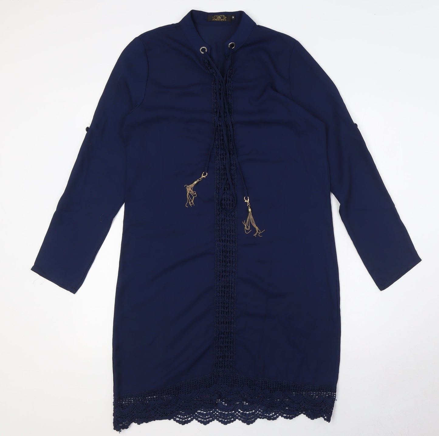 Dress Spot Womens Blue Polyester A-Line Size M Mock Neck Tie - Crochet Trim