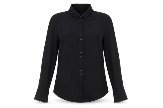Ti MO Womens Black Silk Basic Button-Up Size M Collared - Embellished Collar