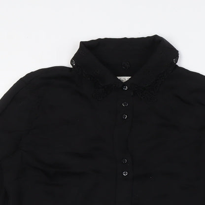 Ti MO Womens Black Silk Basic Button-Up Size M Collared - Embellished Collar