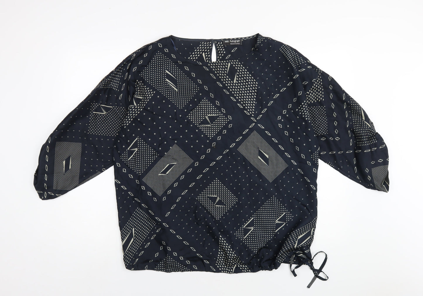 Autograph Womens Blue Geometric Silk Basic Blouse Size 16 Round Neck