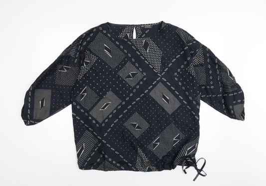 Autograph Womens Blue Geometric Silk Basic Blouse Size 16 Round Neck