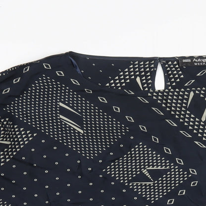 Autograph Womens Blue Geometric Silk Basic Blouse Size 16 Round Neck
