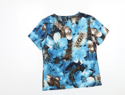 Tru Collection Womens Blue Floral Polyester Basic T-Shirt Size 14 Round Neck