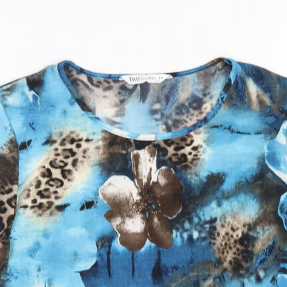 Tru Collection Womens Blue Floral Polyester Basic T-Shirt Size 14 Round Neck