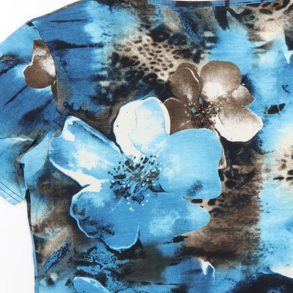 Tru Collection Womens Blue Floral Polyester Basic T-Shirt Size 14 Round Neck