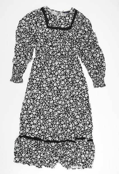 Marks and Spencer Womens Black Floral Viscose A-Line Size 10 Round Neck Button
