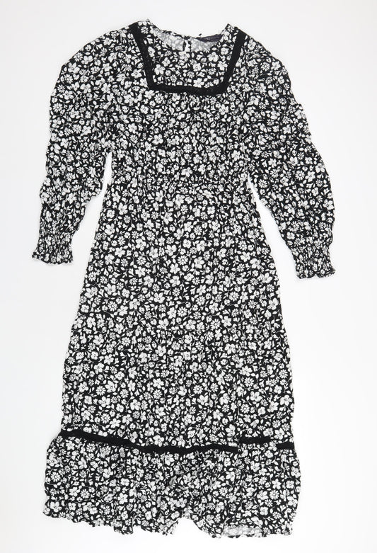 Marks and Spencer Womens Black Floral Viscose A-Line Size 10 Round Neck Button