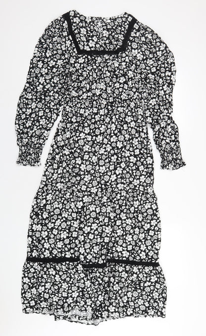 Marks and Spencer Womens Black Floral Viscose A-Line Size 10 Round Neck Button