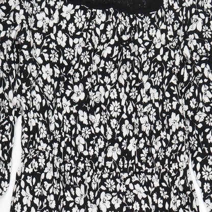 Marks and Spencer Womens Black Floral Viscose A-Line Size 10 Round Neck Button