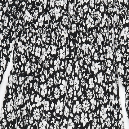 Marks and Spencer Womens Black Floral Viscose A-Line Size 10 Round Neck Button