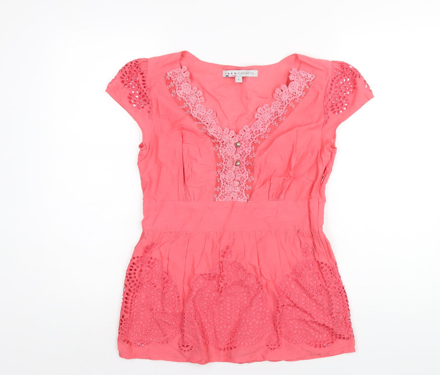 Crew Clothing Womens Pink Cotton Basic Blouse Size 8 V-Neck