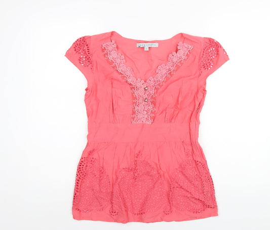 Crew Clothing Womens Pink Cotton Basic Blouse Size 8 V-Neck