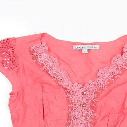 Crew Clothing Womens Pink Cotton Basic Blouse Size 8 V-Neck