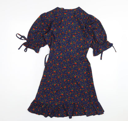Wednesday's Girl Womens Blue Polyester Wrap Dress Size XS V-Neck Tie