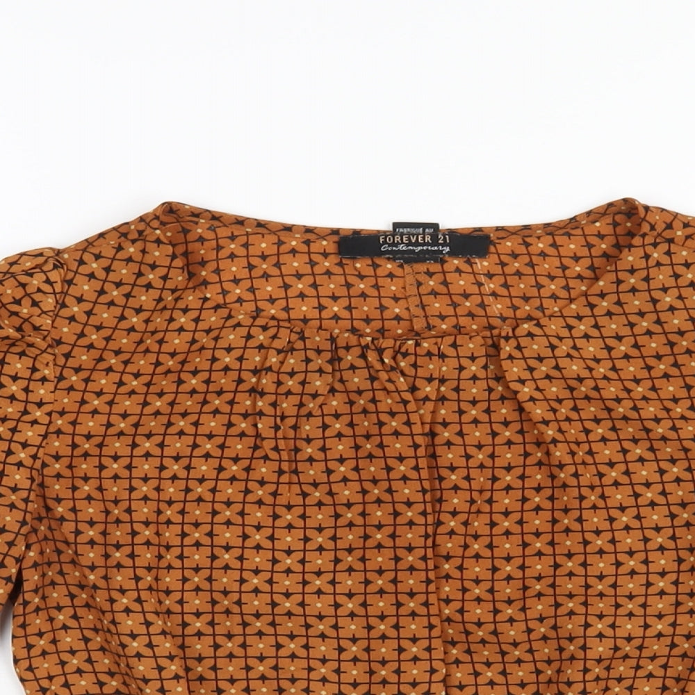 FOREVER 21 Womens Brown Geometric Polyester Basic T-Shirt Size XS Round Neck