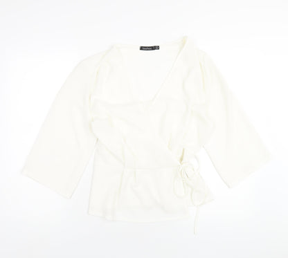 Boohoo Womens White Polyester Wrap Blouse Size 14 V-Neck