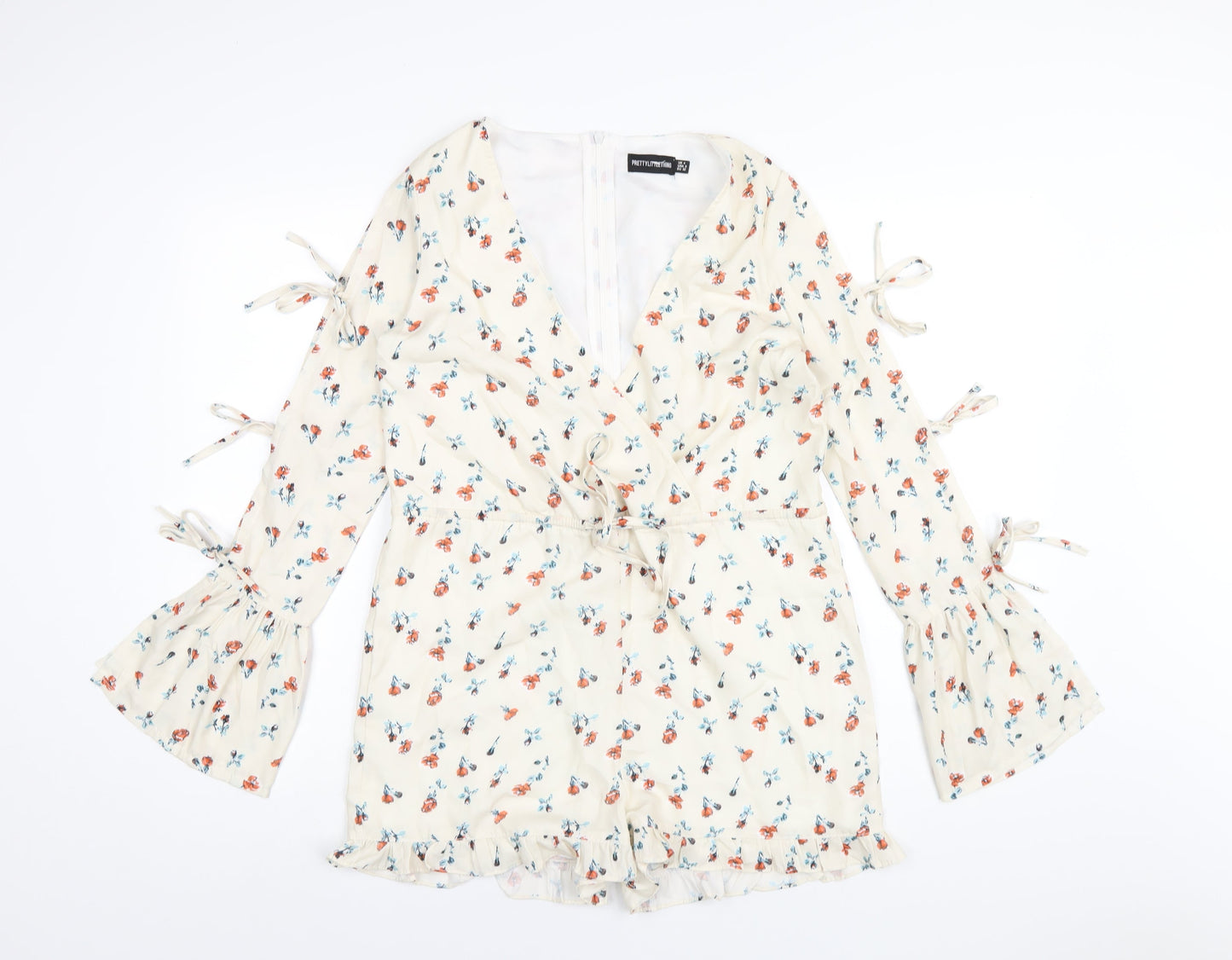 PRETTYLITTLETHING Womens Ivory Floral Polyester Playsuit One-Piece Size 4 Zip