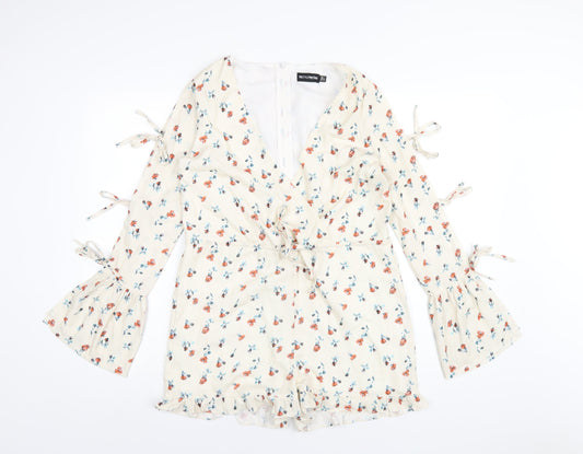 PRETTYLITTLETHING Womens Ivory Floral Polyester Playsuit One-Piece Size 4 Zip