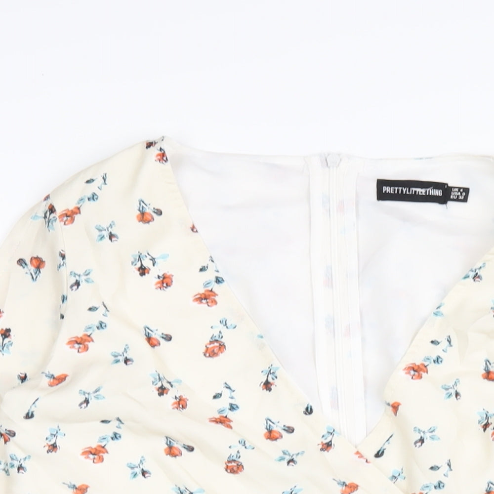 PRETTYLITTLETHING Womens Ivory Floral Polyester Playsuit One-Piece Size 4 Zip