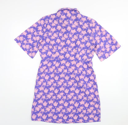 VERO MODA Womens Blue Geometric Polyester Shirt Dress Size S Collared Button