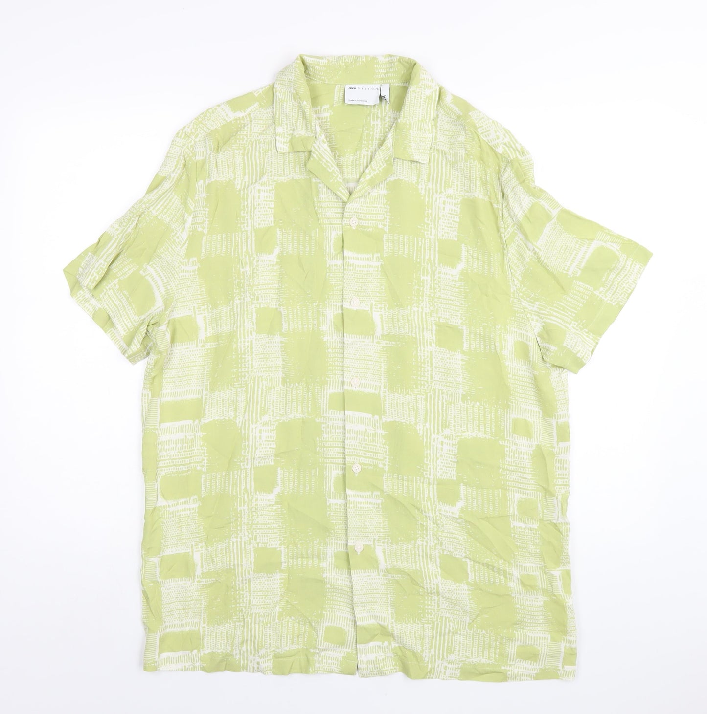 ASOS Mens Green Geometric Viscose Button-Up Size S Collared Button